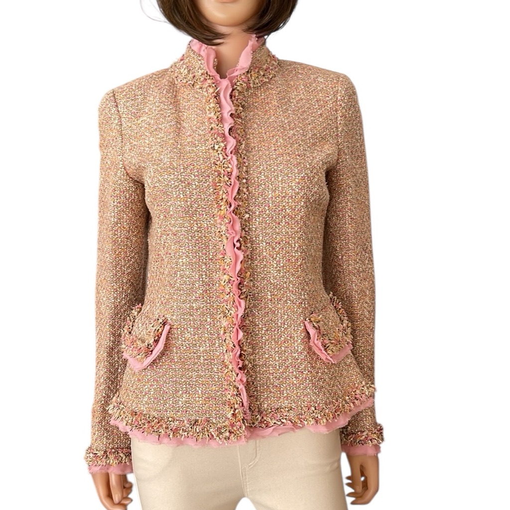 Nwt Vintage Dana Buchman Boucle Tan & Pink Ruffle & Fringe Tweed Twill Blazer
